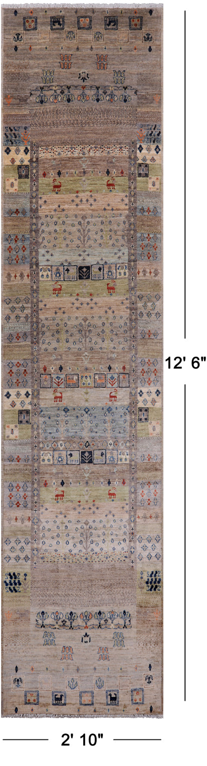 Tribal Persian Gabbeh Hand-Knotted Wool Runner Rug - 2' 10" X 12' 6"