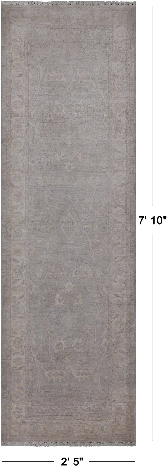 Silver Peshawar Washed Out Hand Knotted Wool Runner Rug - 2' 5" X 7' 10"
