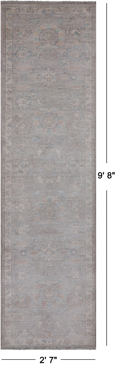 Silver Peshawar Washed Out Handmade Wool Runner Rug - 2' 7" X 9' 8"