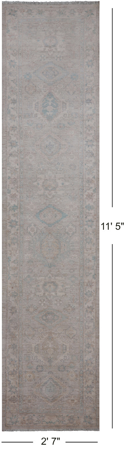 Silver Peshawar Washed Out Hand Knotted Wool Runner Rug - 2' 7" X 11' 5"
