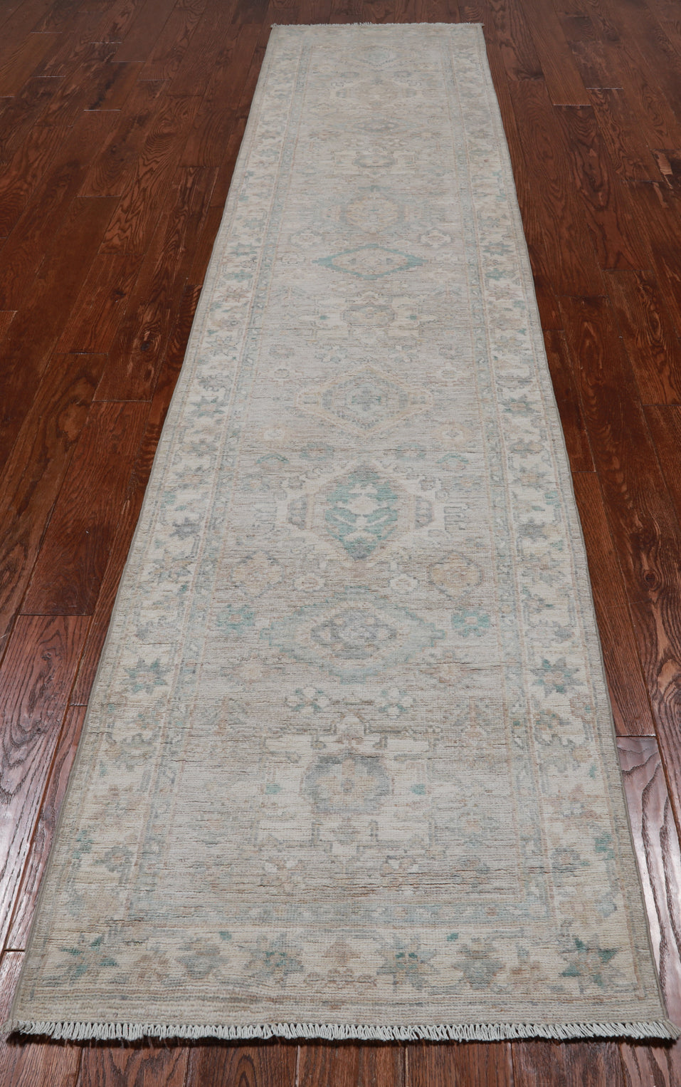 Silver Peshawar Washed Out Hand Knotted Wool Runner Rug - 2' 7" X 11' 5"
