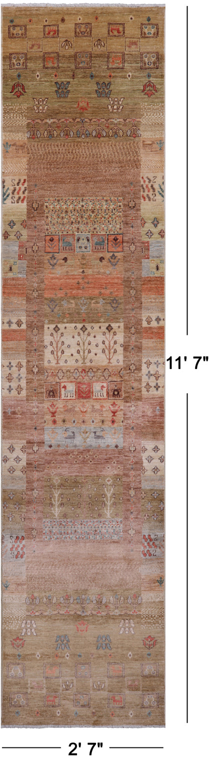 Tribal Persian Gabbeh Hand Knotted Wool Runner Rug - 2' 7" X 11' 7"
