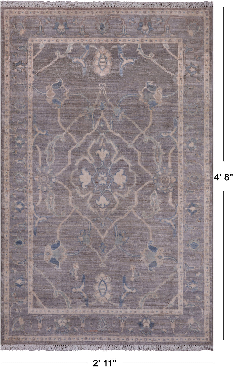 Grey Washed Out Peshawar Handmade Wool Rug - 2' 11" X 4' 8"