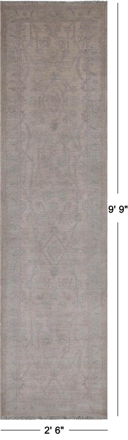 Ivory Peshawar Washed Out Hand-Knotted Wool Runner Rug - 2' 6" X 9' 9"