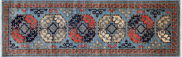 Blue Turkmen Ersari Handmade Wool Runner Rug - 2' 6" X 7' 10"