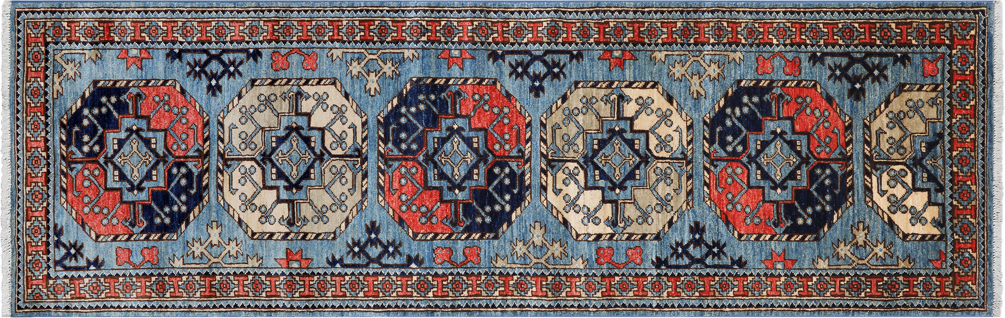 Blue Turkmen Ersari Handmade Wool Runner Rug - 2' 6" X 7' 10"
