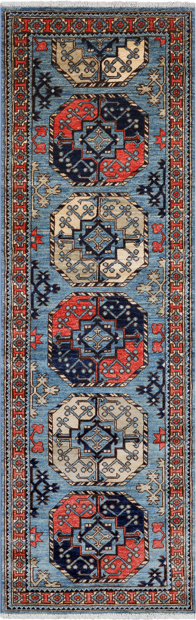 Blue Turkmen Ersari Handmade Wool Runner Rug - 2' 6" X 7' 10"