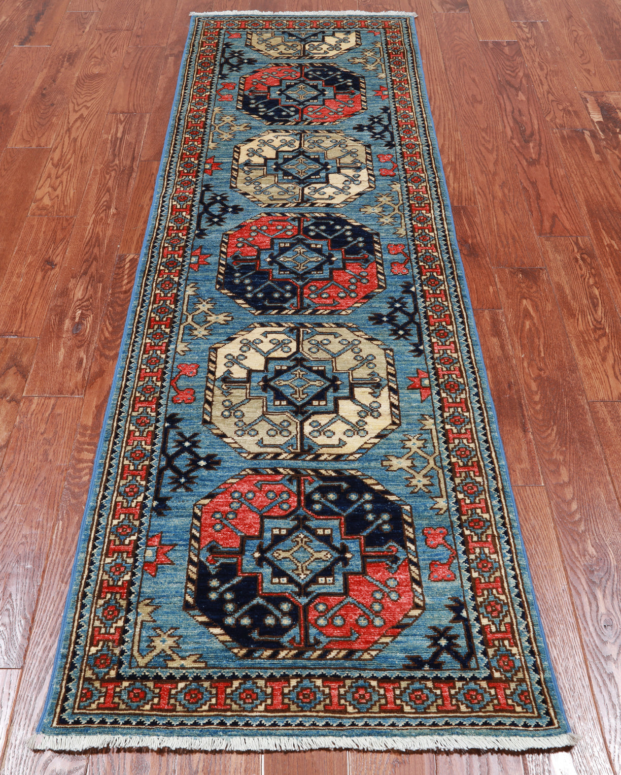 Blue Turkmen Ersari Handmade Wool Runner Rug - 2' 6" X 7' 10"
