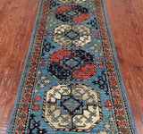 Blue Turkmen Ersari Handmade Wool Runner Rug - 2' 6" X 7' 10"