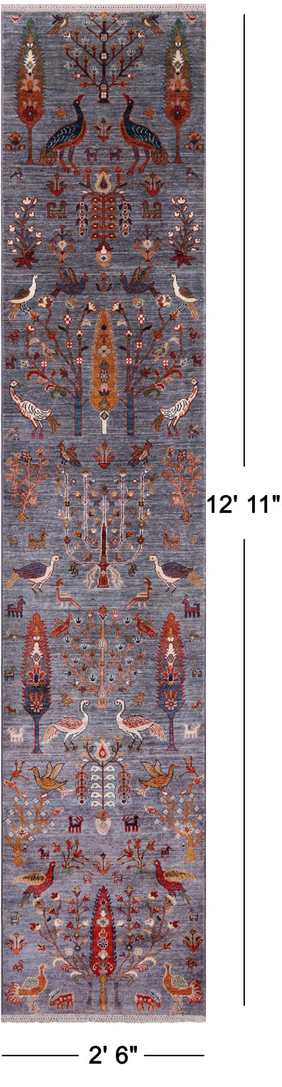 Grey Tree Of Life Persian Hand-Knotted Wool Runner Rug - 2' 6" X 12' 11"