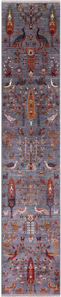 Grey Tree Of Life Persian Hand-Knotted Wool Runner Rug - 2' 6" X 12' 11"
