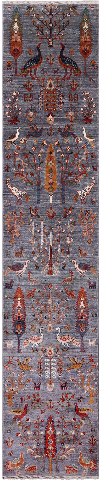 Grey Tree Of Life Persian Hand-Knotted Wool Runner Rug - 2' 6" X 12' 11"