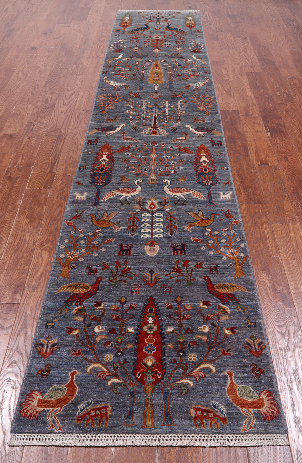 Grey Tree Of Life Persian Hand-Knotted Wool Runner Rug - 2' 6" X 12' 11"