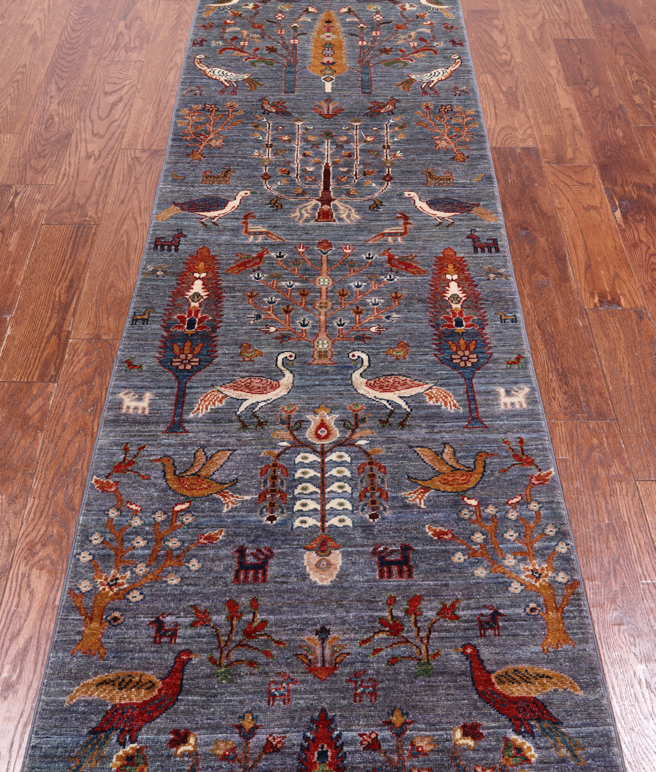 Grey Tree Of Life Persian Hand-Knotted Wool Runner Rug - 2' 6" X 12' 11"