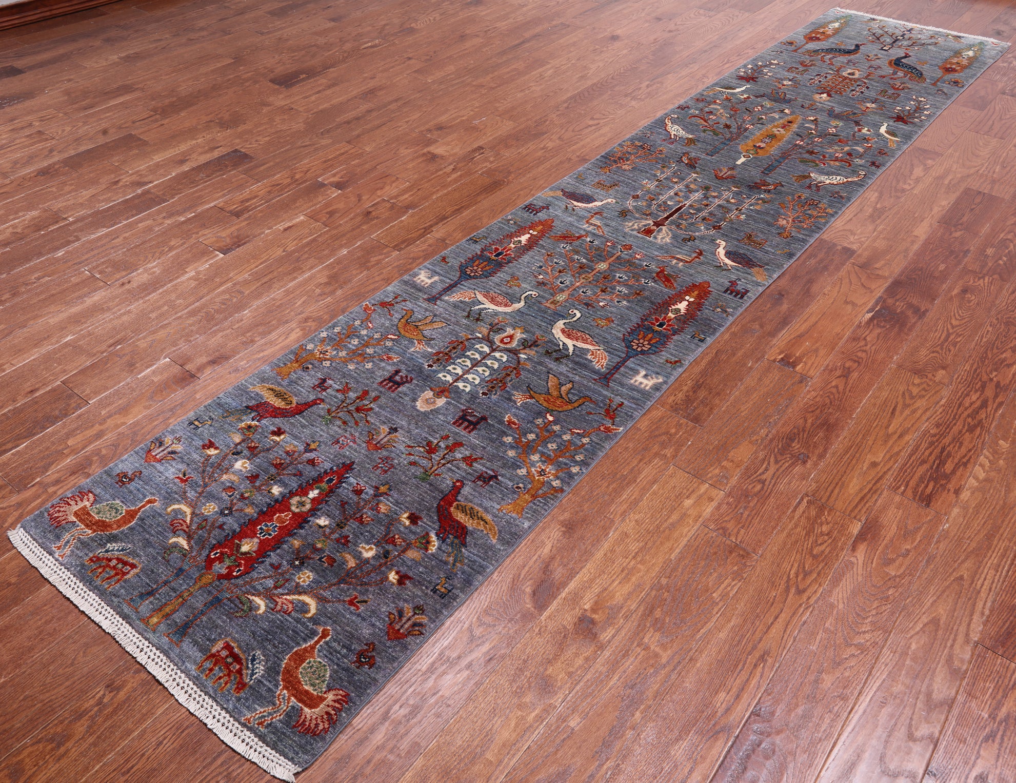 Grey Tree Of Life Persian Hand-Knotted Wool Runner Rug - 2' 6" X 12' 11"