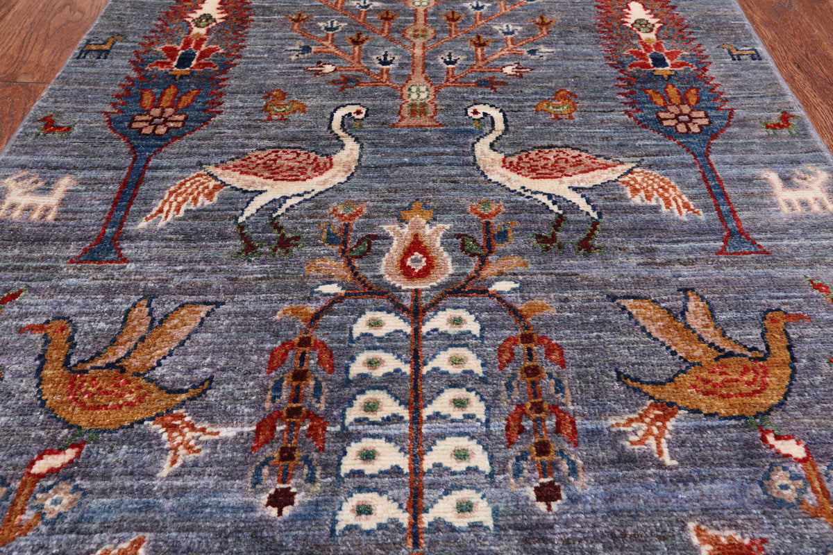 Grey Tree Of Life Persian Hand-Knotted Wool Runner Rug - 2' 6" X 12' 11"