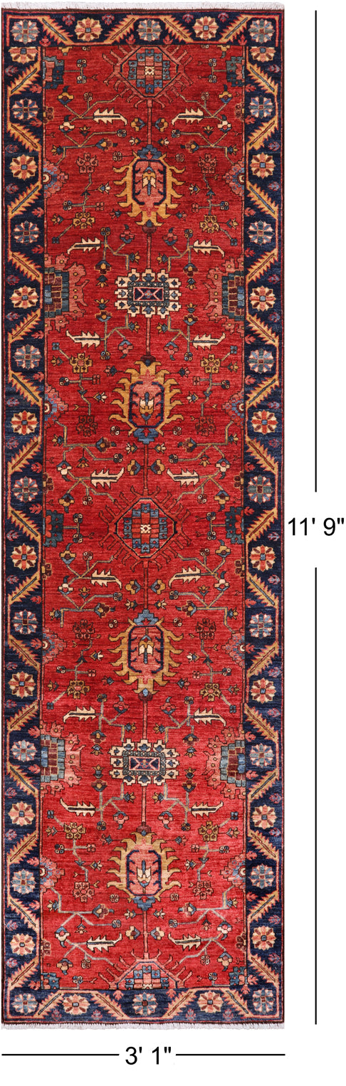 Red Persian Fine Serapi Handmade Wool Runner Rug - 3' 1" X 11' 9"