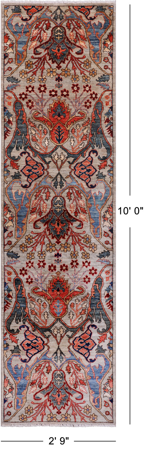 Silver Persian Fine Serapi Handmade Wool Runner Rug - 2' 9" X 10' 0"