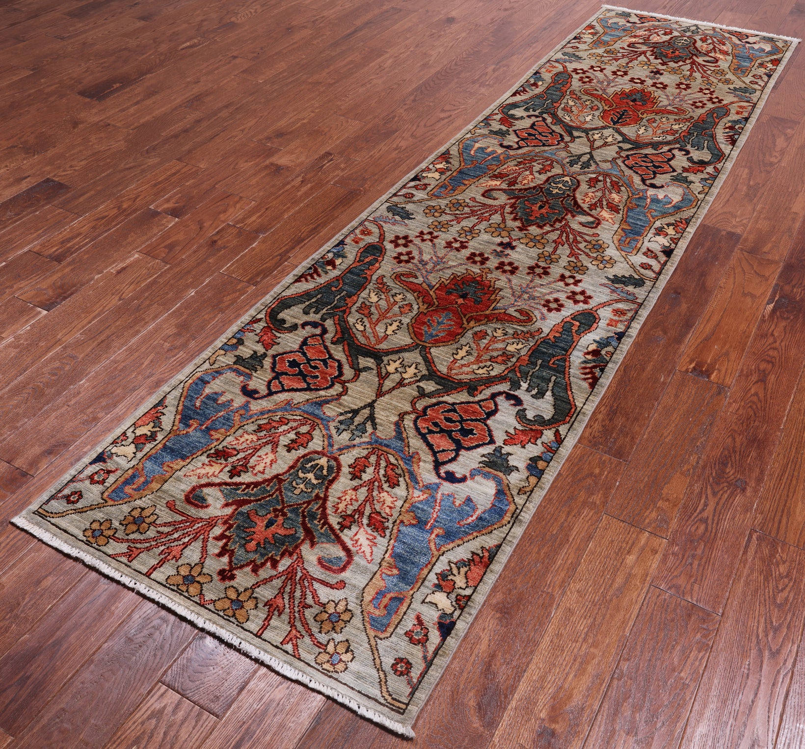 Silver Persian Fine Serapi Handmade Wool Runner Rug - 2' 9" X 10' 0"