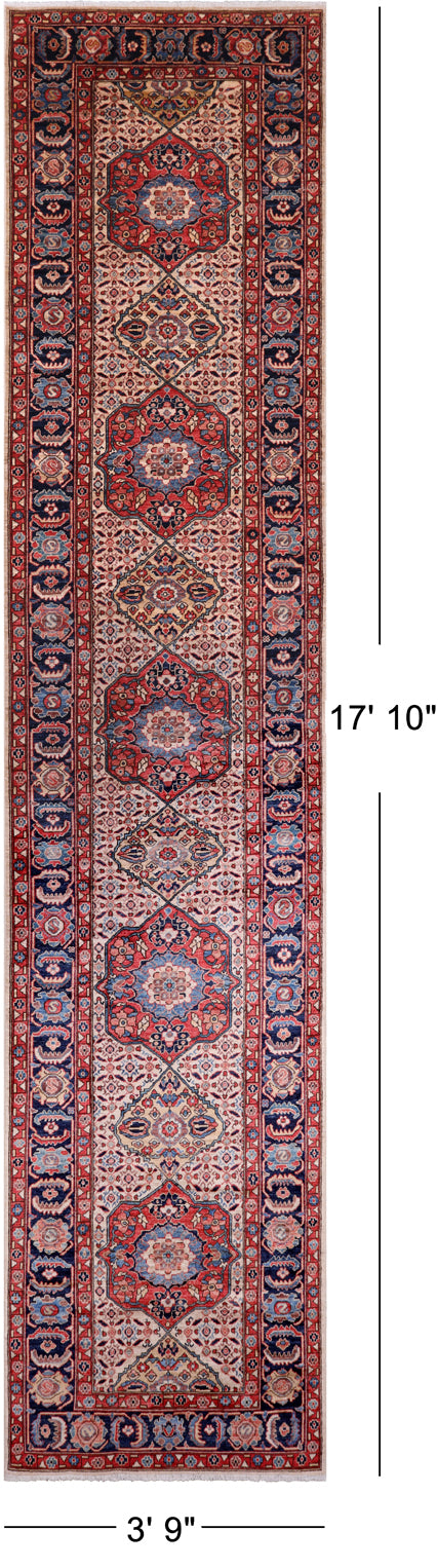 Ivory Persian Fine Serapi Handmade Wool Runner Rug - 3' 9" X 17' 10"