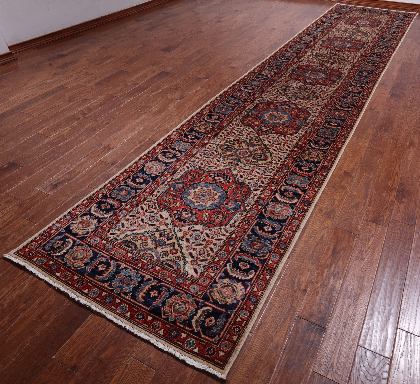 Ivory Persian Fine Serapi Handmade Wool Runner Rug - 3' 9" X 17' 10"