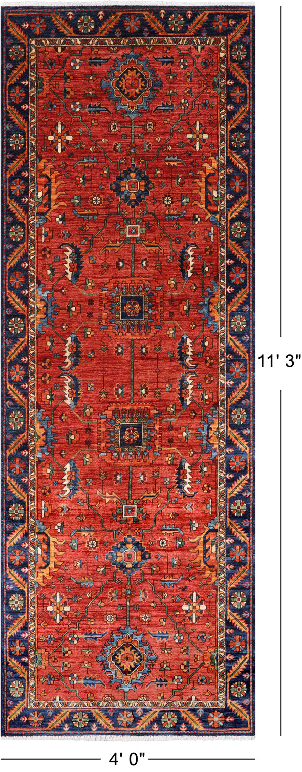 Rust Persian Fine Serapi Hand Knotted Wool Runner Rug - 4' 0" X 11' 3"