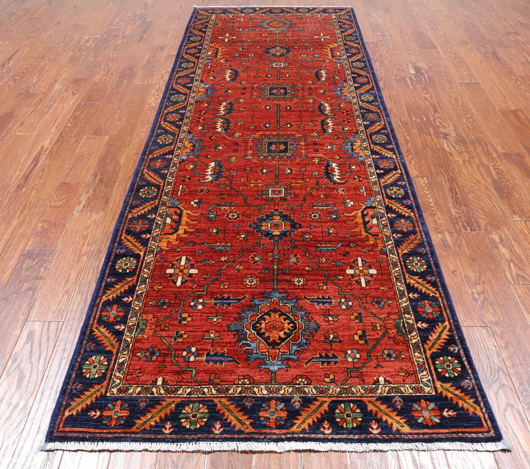 Rust Persian Fine Serapi Hand Knotted Wool Runner Rug - 4' 0" X 11' 3"