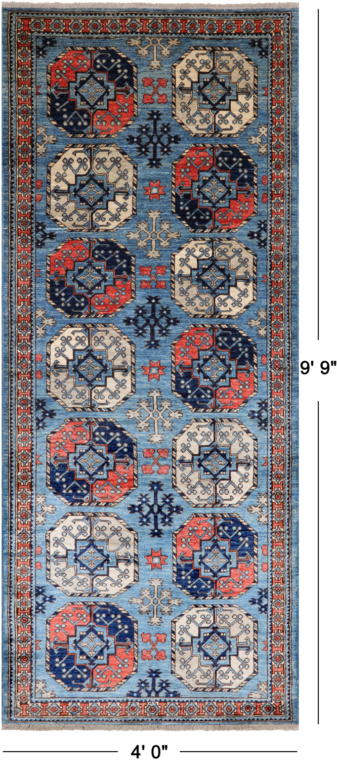 Blue Turkmen Ersari Hand Knotted Wool Runner Rug - 4' 0" X 9' 9"