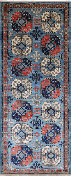 Blue Turkmen Ersari Hand Knotted Wool Runner Rug - 4' 0" X 9' 9"
