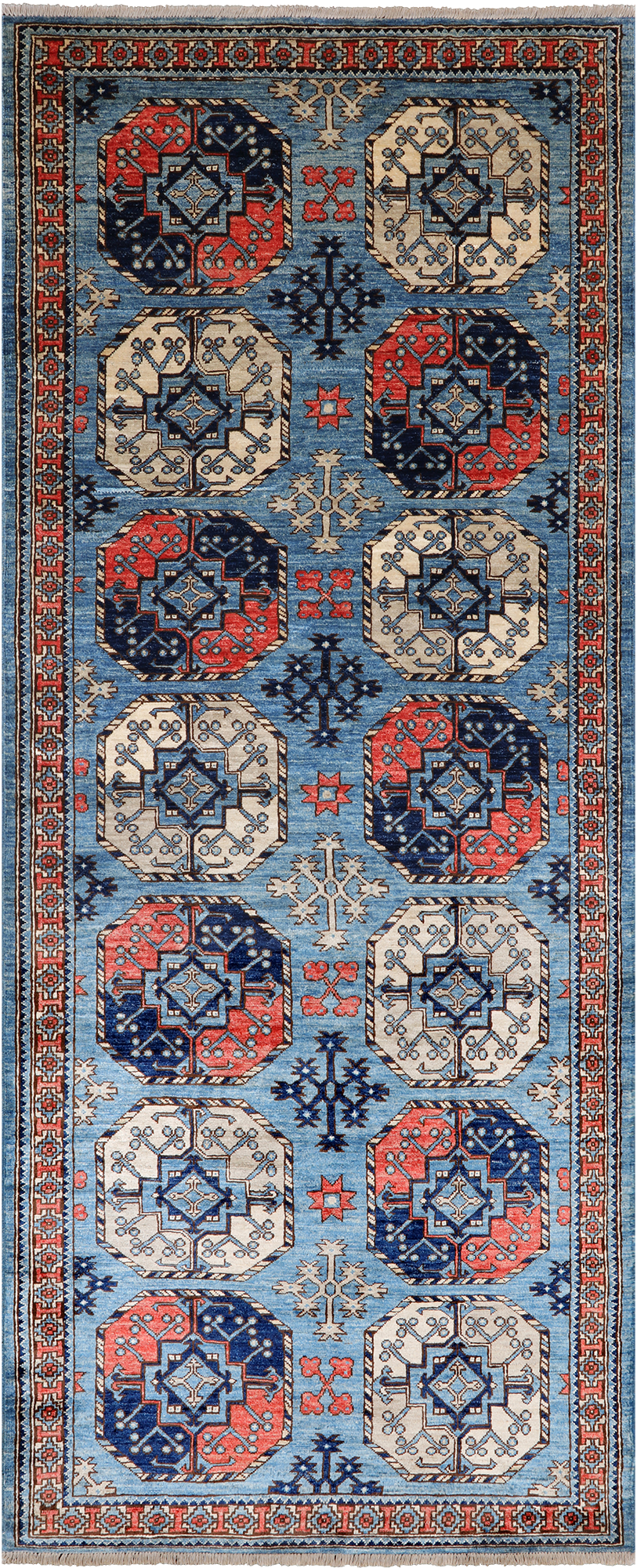 Blue Turkmen Ersari Hand Knotted Wool Runner Rug - 4' 0" X 9' 9"