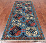 Blue Turkmen Ersari Hand Knotted Wool Runner Rug - 4' 0" X 9' 9"