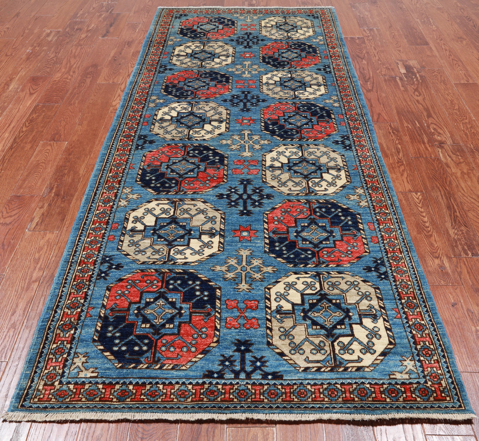 Blue Turkmen Ersari Hand Knotted Wool Runner Rug - 4' 0" X 9' 9"