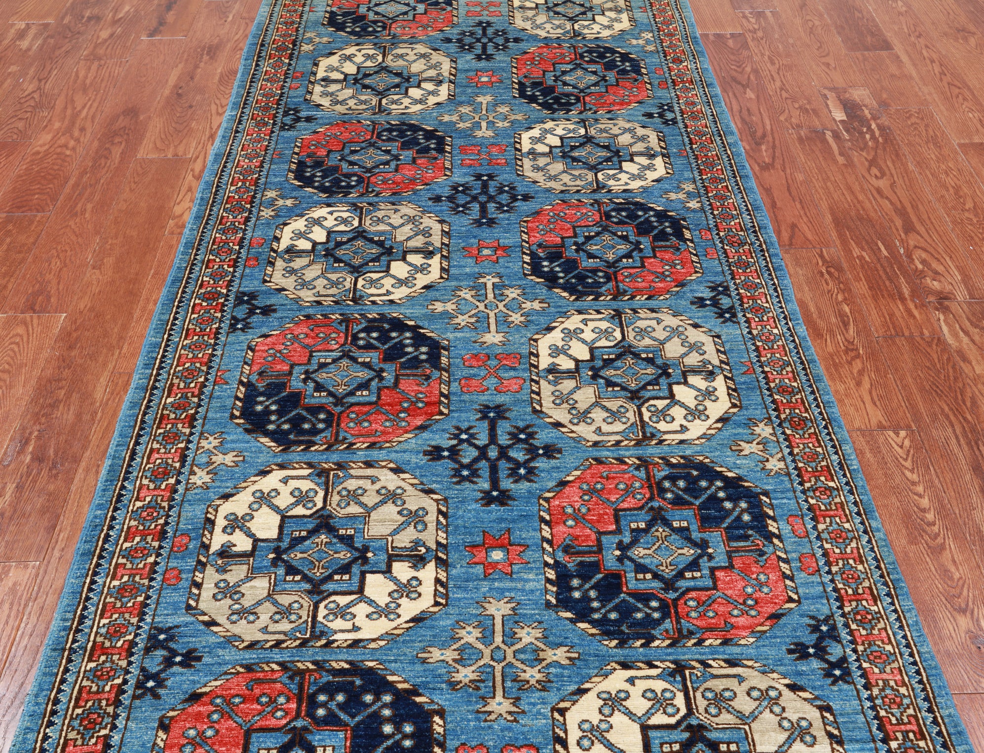 Blue Turkmen Ersari Hand Knotted Wool Runner Rug - 4' 0" X 9' 9"