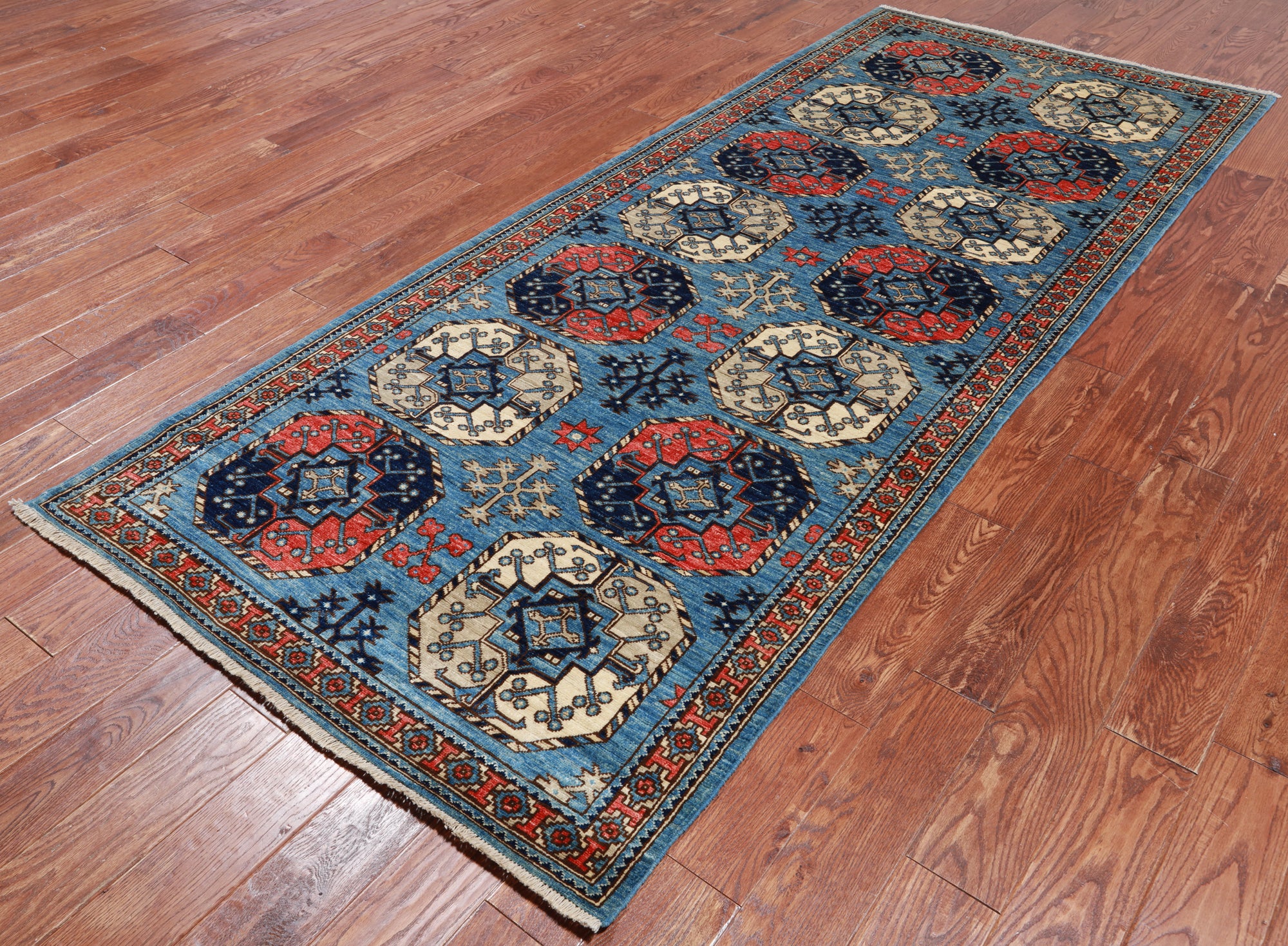Blue Turkmen Ersari Hand Knotted Wool Runner Rug - 4' 0" X 9' 9"