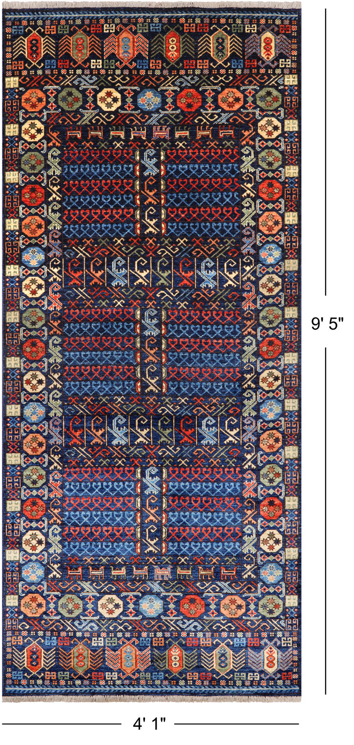 Blue Turkmen Ersari Handmade Wool Runner Rug - 4' 1" X 9' 5"