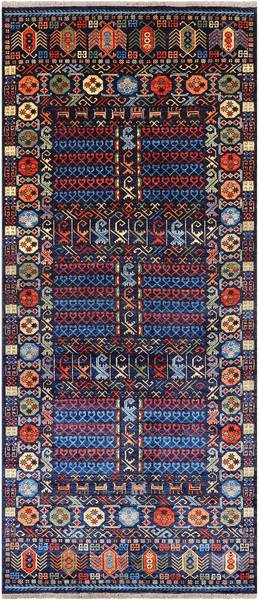 Blue Turkmen Ersari Handmade Wool Runner Rug - 4' 1" X 9' 5"