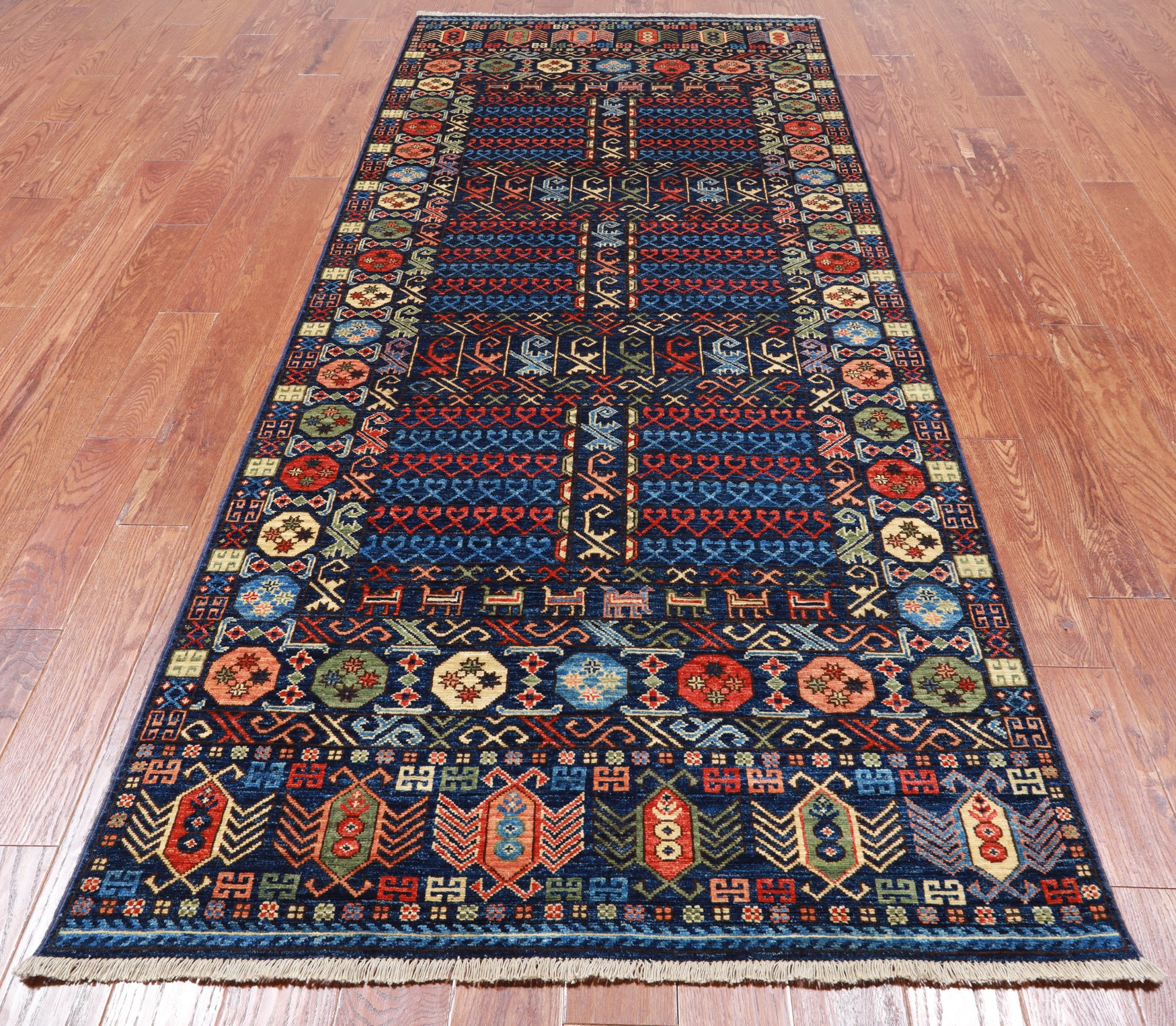Blue Turkmen Ersari Handmade Wool Runner Rug - 4' 1" X 9' 5"