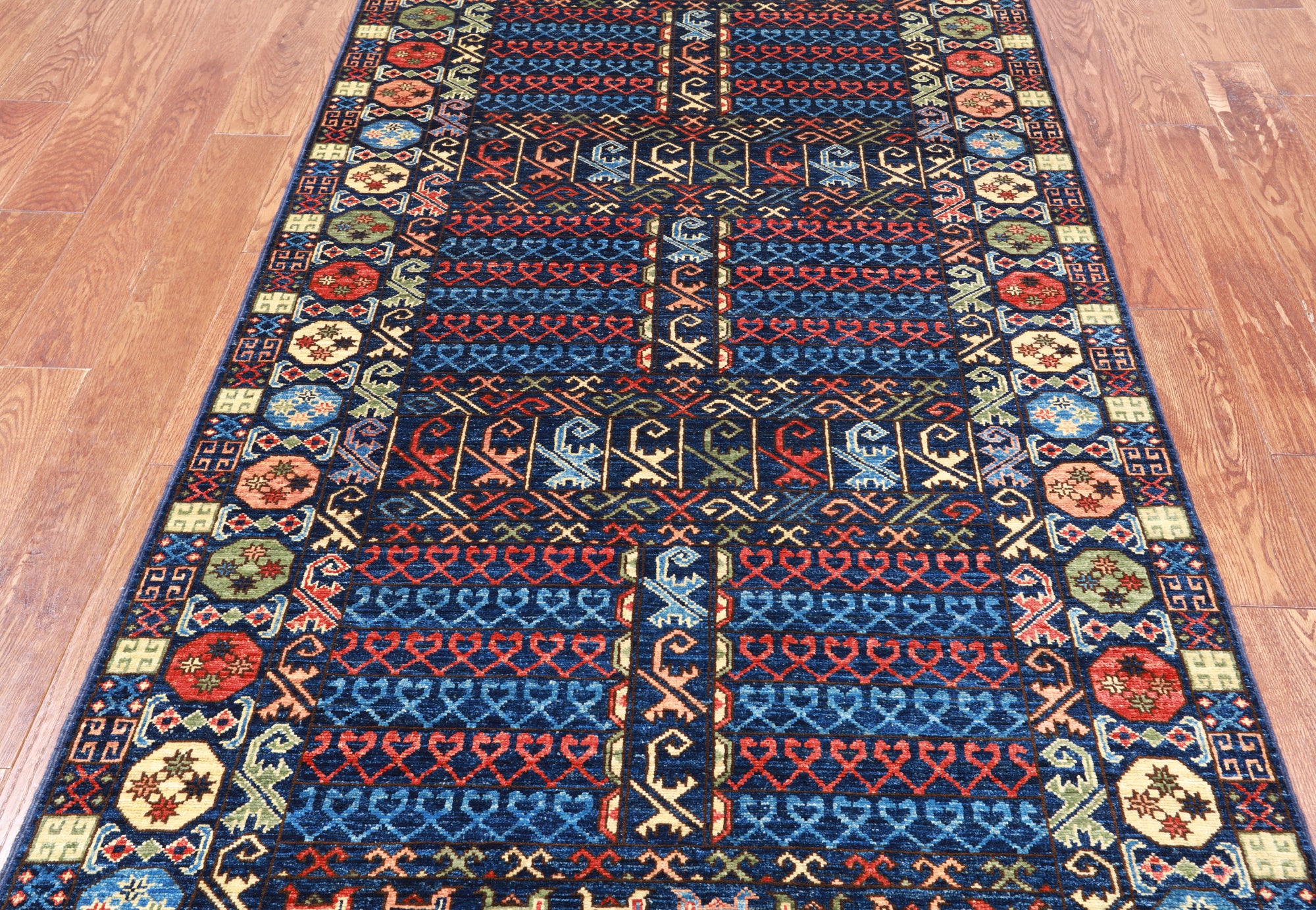 Blue Turkmen Ersari Handmade Wool Runner Rug - 4' 1" X 9' 5"