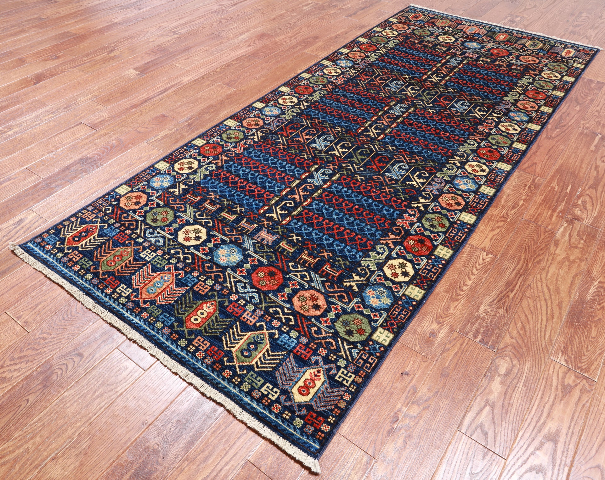 Blue Turkmen Ersari Handmade Wool Runner Rug - 4' 1" X 9' 5"