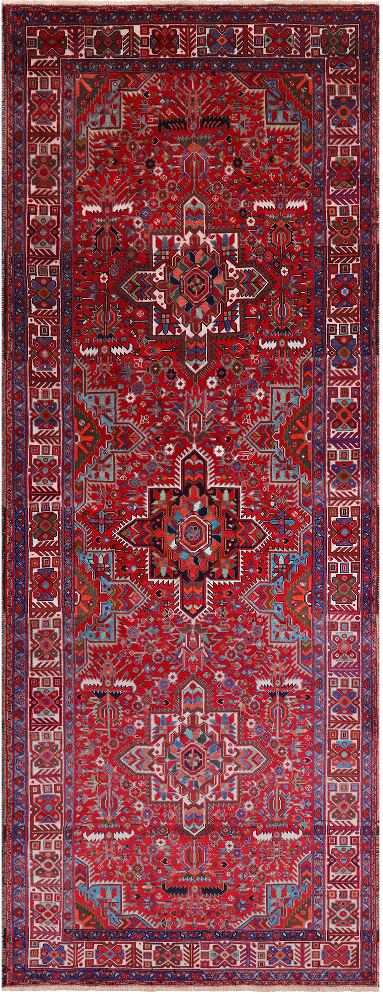 Red Vintage Persian Heriz Serapi Hand Knotted Wool Rug - 4' 8" X 12' 10"