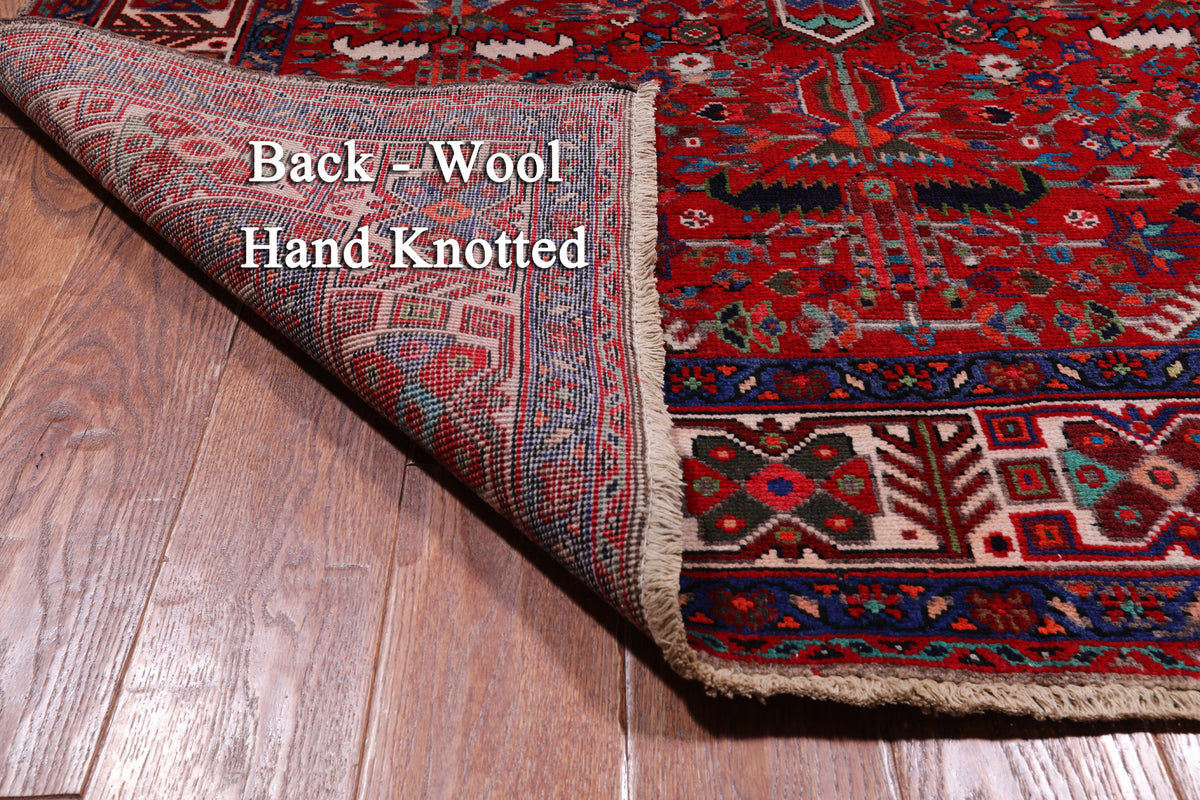 Red Vintage Persian Heriz Serapi Hand Knotted Wool Rug - 4' 8" X 12' 10"