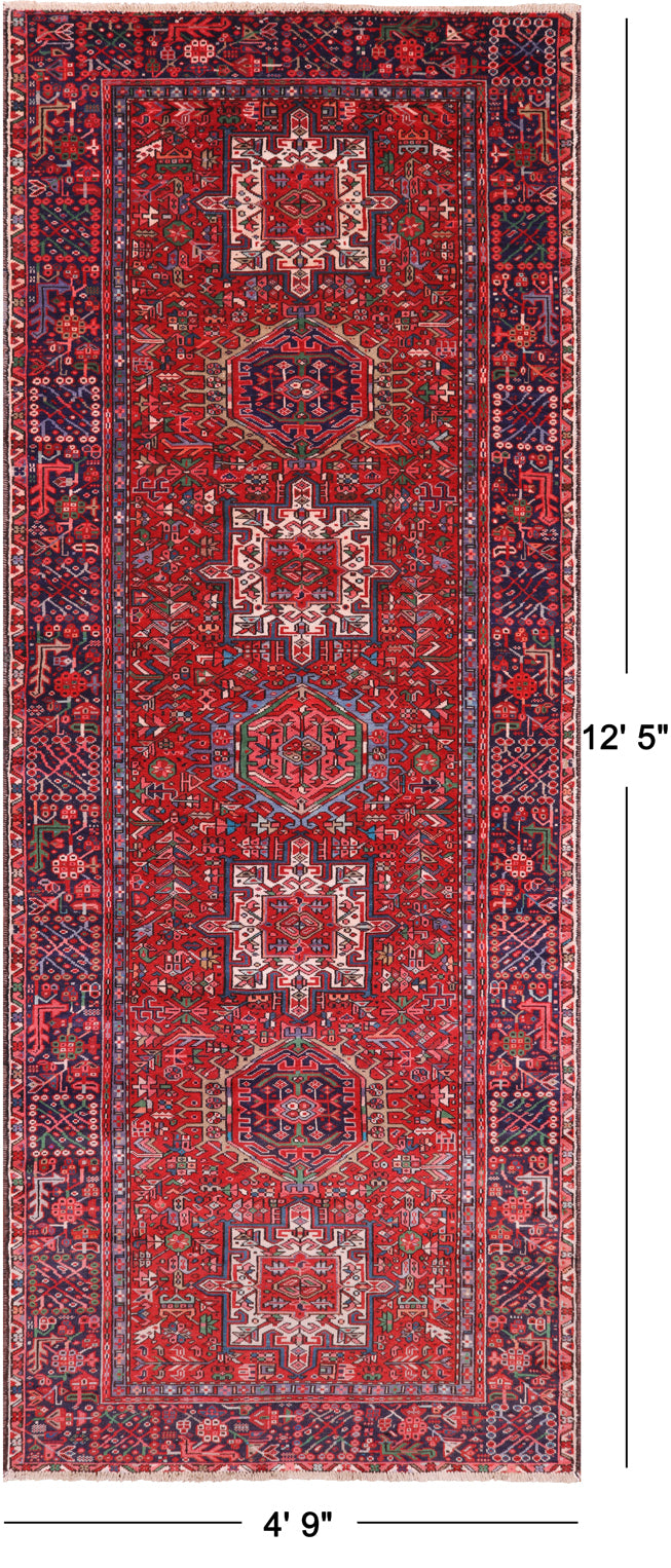 Red Vintage Persian Heriz Serapi Handmade Wool Rug - 4' 9" X 12' 5"
