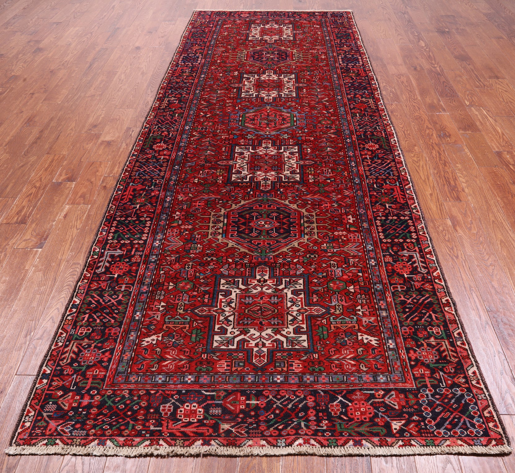 Red Vintage Persian Heriz Serapi Handmade Wool Rug - 4' 9" X 12' 5"