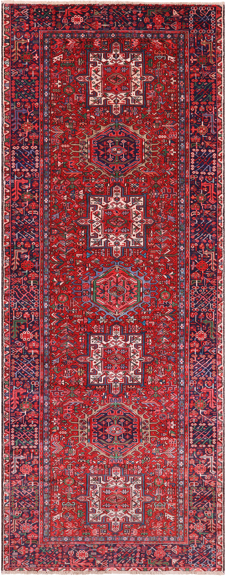 Red Vintage Persian Heriz Serapi Handmade Wool Rug - 4' 9" X 12' 5"