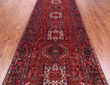 Red Vintage Persian Heriz Serapi Handmade Wool Rug - 4' 9" X 12' 5"