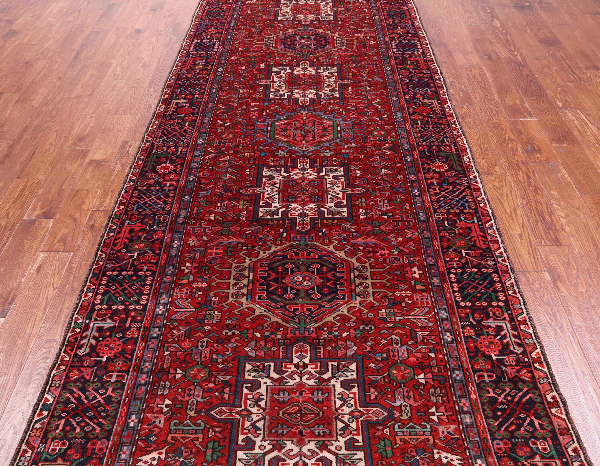 Red Vintage Persian Heriz Serapi Handmade Wool Rug - 4' 9" X 12' 5"