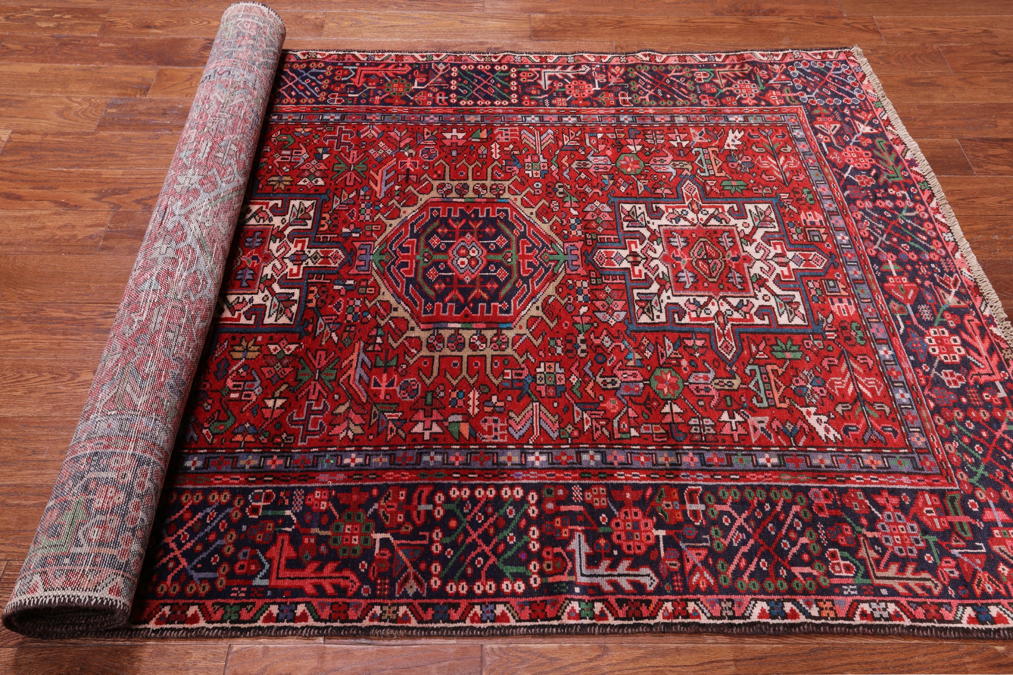 Red Vintage Persian Heriz Serapi Handmade Wool Rug - 4' 9" X 12' 5"