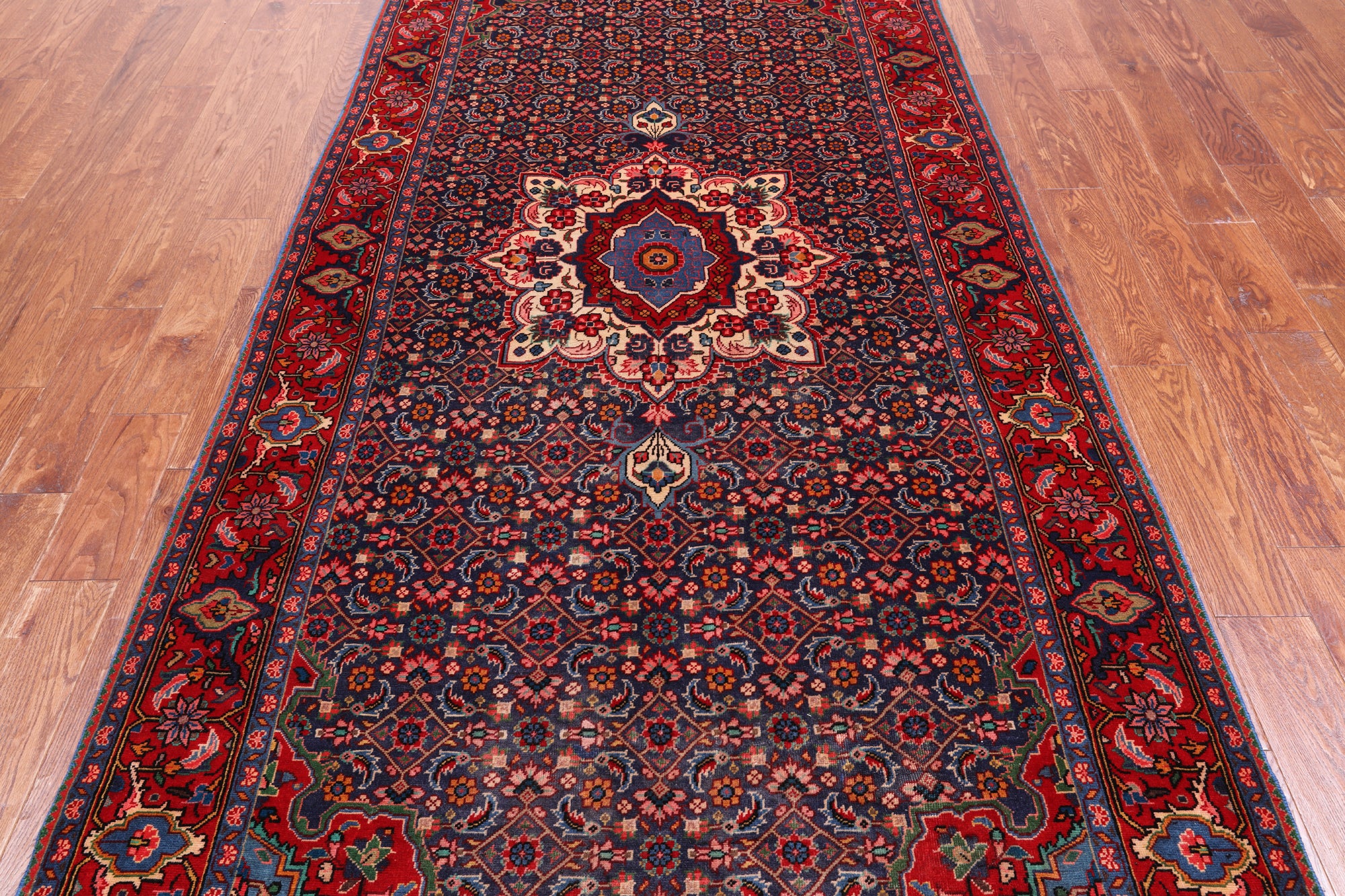 Navy Blue Vintage Persian Heriz Serapi Hand-Knotted Wool Rug - 4' 8" X 10' 7"