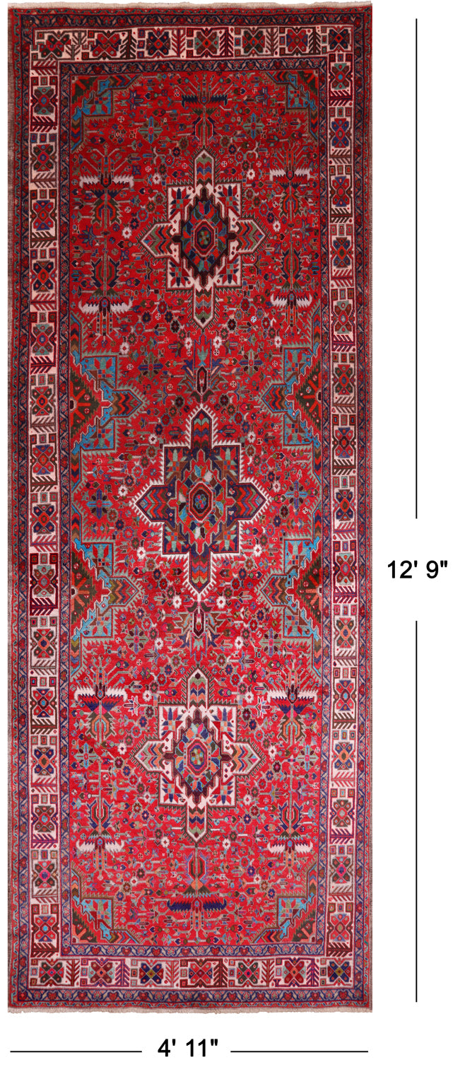 Red Vintage Persian Heriz Serapi Hand Knotted Wool Rug - 4' 11" X 12' 9"