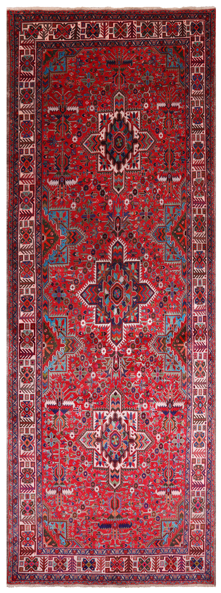 Red Vintage Persian Heriz Serapi Hand Knotted Wool Rug - 4' 11" X 12' 9"